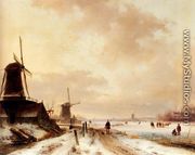 Winter: a huntsman passing woodmills on a snowy track, skaters on a frozen river beyond - Andreas Schelfhout