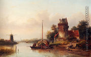 A River Landscape In Summer With A Moored Haybarge By A Fortified Farmhouse - Jan Jacob Coenraad Spohler
