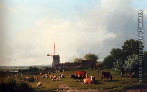 A Panoramic Summer Landscape With Cattle Grazing In A Meadow By A Windmill - Eugène Verboeckhoven
