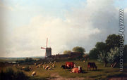 A Panoramic Summer Landscape With Cattle Grazing In A Meadow By A Windmill - Eugène Verboeckhoven