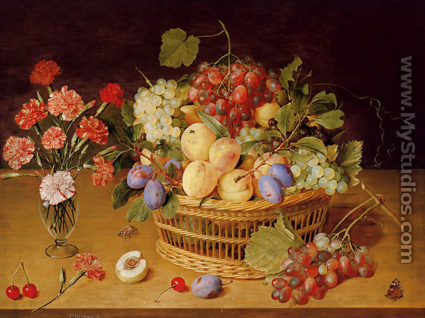 A Still Life Of A Vase Of Carnations To The Left Of A Basket Of Fruit - Gerrit Van Honthorst