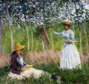 In The Woods At Giverny - BlancheHoschede Monet At Her Easel With Suzanne Hoschede Reading - Claude Oscar Monet