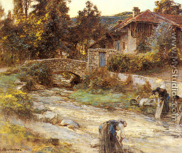 Washerwomen at a Stream with Buildings beyond - Léon-Augustin L
