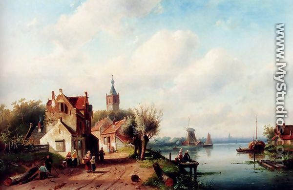 A Village Along A River, A Town In The Distance - Charles Henri Joseph Leickert