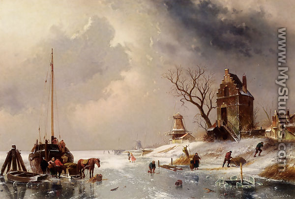 Figures Loading A Horse-Drawn Cart On The Ice - Charles Henri Joseph Leickert