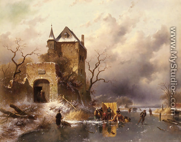 Skaters on a Frozen Lake by the Ruins of a Castle - Charles Henri Joseph Leickert