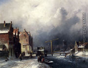 Figures In A Dutch Town By A Frozen Canal - Charles Henri Joseph Leickert