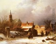 Figures on a Snow Covered Path with a Dutch Town beyond - Charles Henri Joseph Leickert