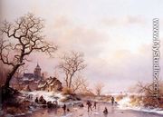 Winter: townsfolk skating on a frozen waterway near a fortified mansion at dusk - Frederik Marianus Kruseman