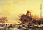 Winter Landscape with Skaters on a Frozen River beside Castle Ruins - Frederik Marianus Kruseman