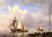 Vessels at Anchor in an Estuary with Fisherman hauling up their rowing boat in the Foreground - Johannes Hermanus Koekkoek Snr