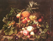 A Still Life Of A Basket Of Fruit And Roses - Johan Laurentz Jensen