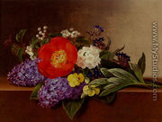 Lilacs, Violets, Pansies, Hawthorn Cuttings, And Peonies On A Marble Ledge - Johan Laurentz Jensen