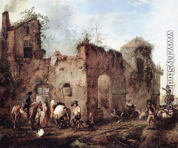 Courtyard with a Farrier Shoeing a Horse - Philips Wouwerman