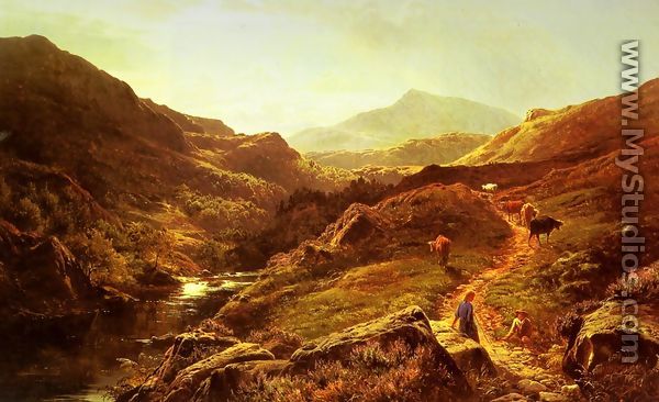 Moel Siabod from Glyn Lledr, with Figures and Cattle on a Riverside Path - Sidney Richard Percy