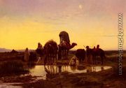 Camel Train By An Oasis At Dawn - Eugène-Alexis Girardet