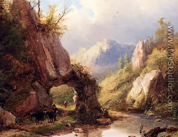A Mountain Valley With A Peasant And Cattle Passing Along A Stream - Johann Bernard Klombeck