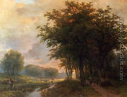 A Wooded River Valley With Peasants On A Path, Cattle In A Meadow Beyond - Johann Bernard Klombeck