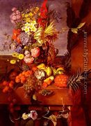 Vase De Fleurs Et Fruits Exotiques Sur Une Balustrade (Vase Of Exotic Flowers And Fruits On A Balustrade) - Emilie Bourbon