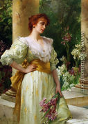 Woman in White Holding Irises - Conrad Kiesel
