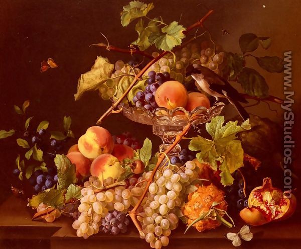 A Still Life With Song Bird And Fruit In A Crystal Tazza - Josef Seboth