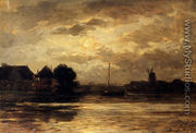 View Of The Spaarne, Haarlem, By Moonlight - Philippe Lodowyck Jacob Sadee