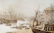 A View On The Thames With Numerous Ships And Figures On The Wharf - Thomas Rowlandson