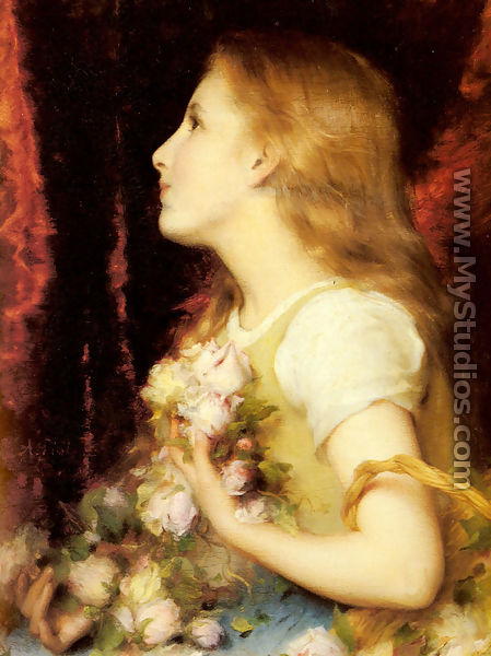 A Young Girl with a Basket of Flowers - Etienne Adolphe Piot