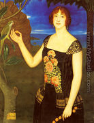 A Portrait Of A Lady With A Parakeet In A Tropical Landscape - Miguel Viladrich