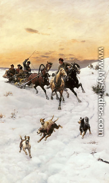 Figures in a Horse drawn Sleigh in a Winter Landscape - Bodhan Von Kleczynski