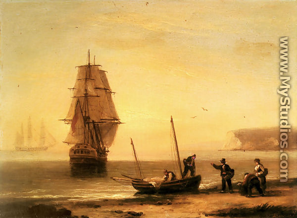 Fishermen unloading the catch with a merchant ship in calm water off Brymer Bay, Devon - Thomas Luny