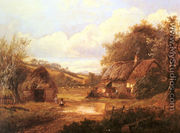 Landscape with figures outside a thatched cottage - Joseph Thors