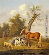 Cows, a Horse and a Sheep Resting by a Blasted Oak - Anthony Oberman