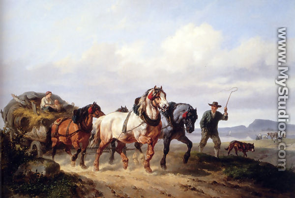 Horses Pulling A Hay Wagon In A Landscape - Wouterus Verschuur
