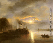 Vessels before a Harbour town by Moonlight, possibly Rotterdam - Nicolaas Johannes Roosenboom