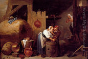 An Interior Scene With A Young Woman Scrubbing Pots While An Old Man Makes Advances - David The Younger Teniers