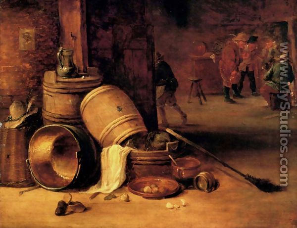 An interior scene with pots, barrels, baskets, onions and cabbages with boors carousing in the background - David The Younger Teniers