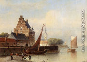 Fisherfolk On A Riverbank By A Town - Johann Adolphe Rust