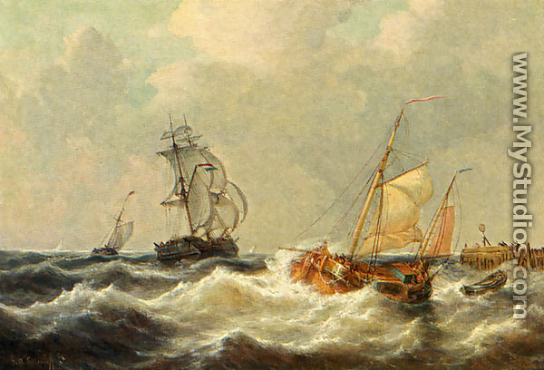 Sailing Vessels In Choppy Waters - George Willem Opdenhoff