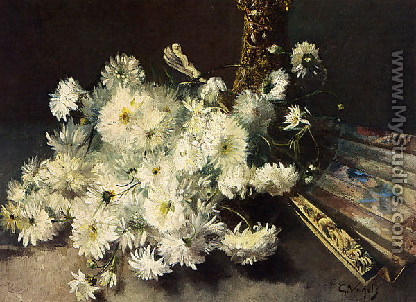 A Still Life With Chrysanthemums And A Fan - Guillaume Vogels