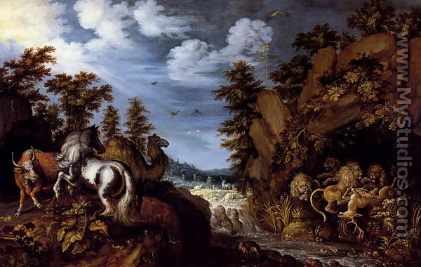 A Rocky Landscape With A Stallion, Bull And Camel Overlooking A Lion