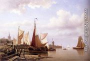 A River Estuary With Moored Fishing Pinks And Townsfolk On The Quay - Everhardus Koster