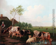 A Summer Landscape With Cows And Sheep By A Pool And A Milkmaid Watching - Albertus Verhoesen