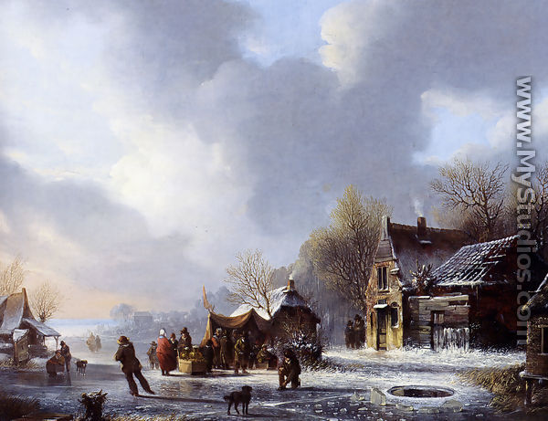 Skaters On A Frozen River Near A 
