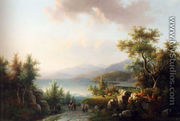 A Wooded Hilly Landscape With Travellers On A Track Near A Lake - Willem De Klerk
