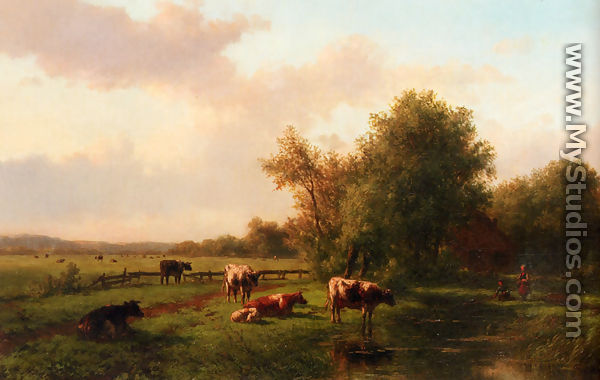 A Landscape With Cows On A Riverbank, A Farm Beyond - Willem Vester