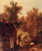 A Wooded Landscape With Cattle And A Cottage Along A Brook - Pieter Lodewijk Kuhnen