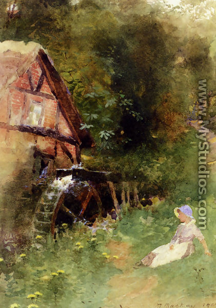 A Young Girl Seated Near A Watermill - Thomas Mackay