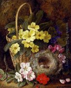 Still Life with Primroses, Violas, cherry Blossom and Geraniums and a Thrush's Nest - George Clare