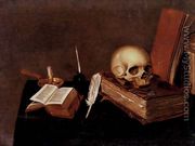 A vanitas still life with a candle, an inkwell, a quill pen, a skull and books - Michael Konrad Hirt